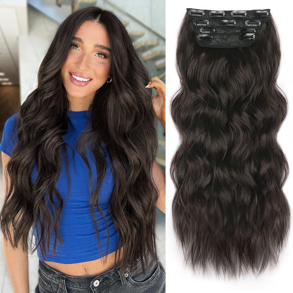 ALXNAN clip-in long wavy extension with two-clip weft for instant volume