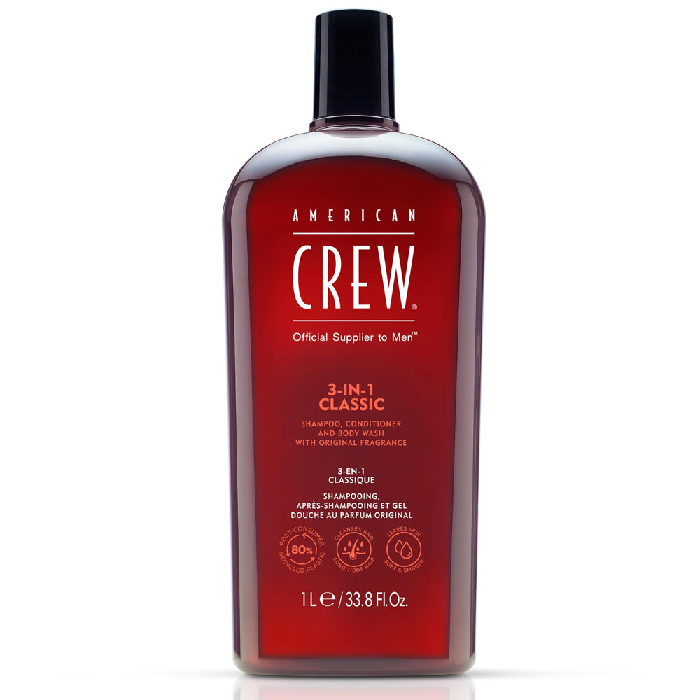 American Crew 3-en-1 botella muestra envase para cabello y piel