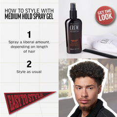 American Crew spray fijador, cabello húmedo, acabado natural con buena flexibilidad.