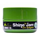 AmPro Shine-n-Jam Edges en botella, fijación firme y brillo suave para peinados elegantes.