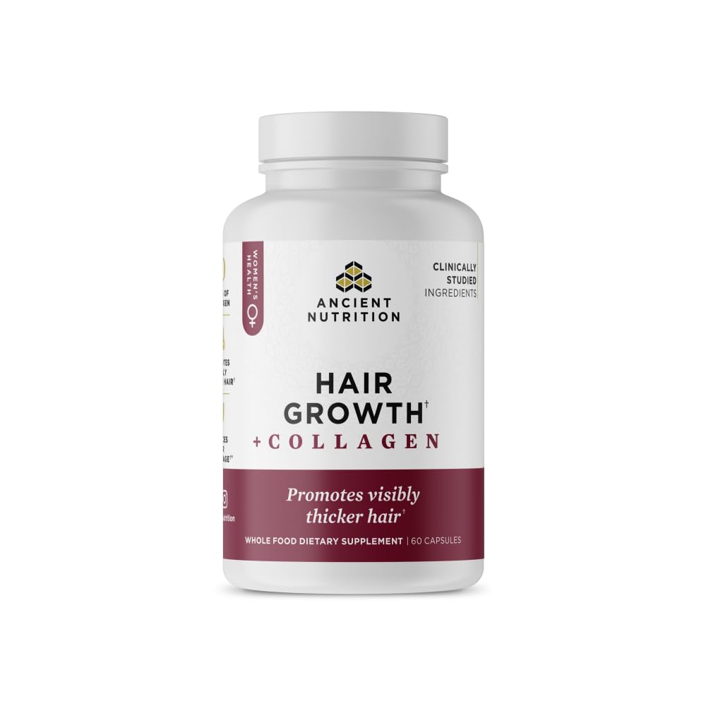Ancient Nutrition Crecimiento de Cabello y Colágeno, botella, soporte potencial para el ciclo capilar.