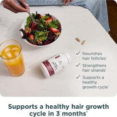Ancient Nutrition Crecimiento de Cabello y Colágeno, etiqueta, muestra ingredientes clave para el cabello.