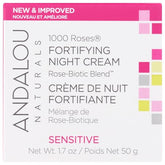 Andalou Naturals 1000 Roses Fortifying Night Cream jar close-up for overnight hydration.