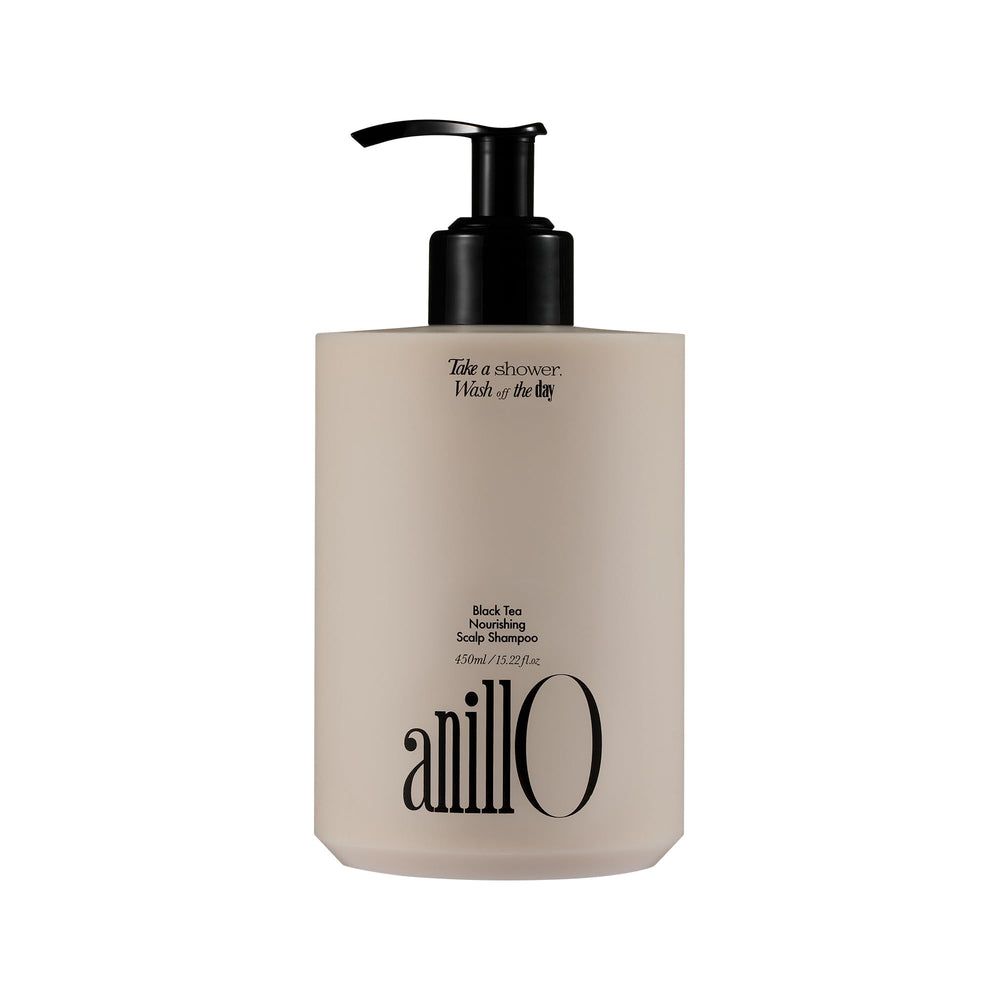 ANILLO shampoo nutritivo: botella vertiendo, aplicación suave y rápida hidratación