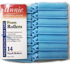 Detalle de rodillos de espuma azules Annie para rizos suaves sin calor.