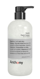 Anthony Glycolic Facial Cleanser, bouteille pompe : exfoliation légère pour peau nette et prête au rasage.