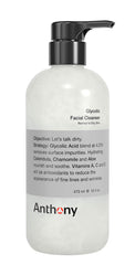 Anthony Glycolic Facial Cleanser, bouteille pompe : exfoliation légère pour peau nette et prête au rasage.