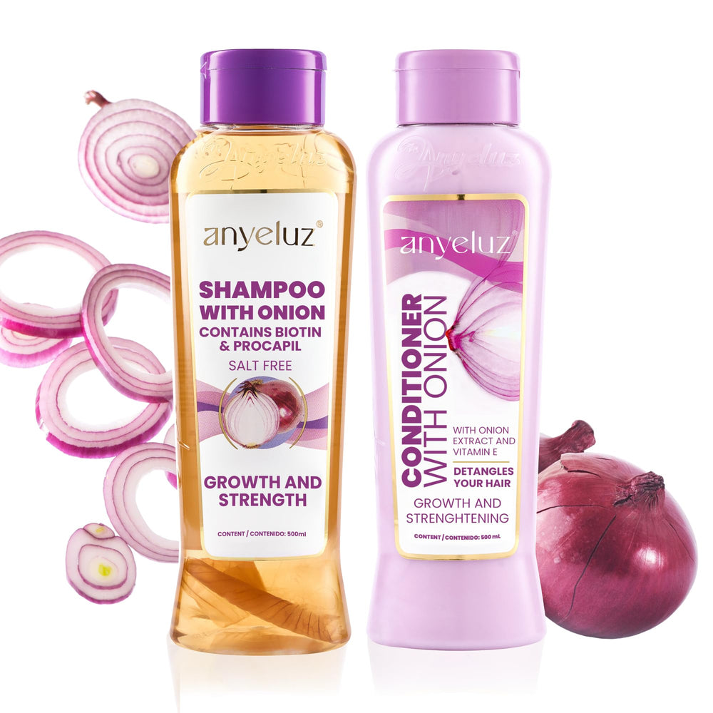 ANYELUZ Champú de Cebolla, botella vertiendo, limpia profundamente y revitaliza el cuero cabelludo.