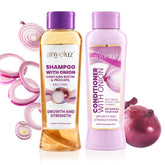 ANYELUZ Champú de Cebolla, botella vertiendo, limpia profundamente y revitaliza el cuero cabelludo.
