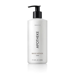APOTHEKE Loción Vetiver Blanco, frente de la botella, hidratación rápida para piel suave.