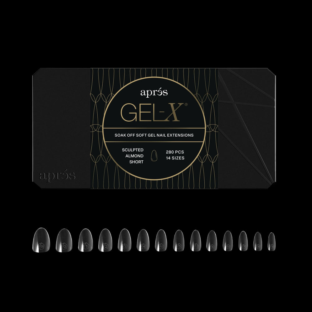 APRÉS Gel-X Almond: frontal de la caja con 280 piezas para tallas variadas.