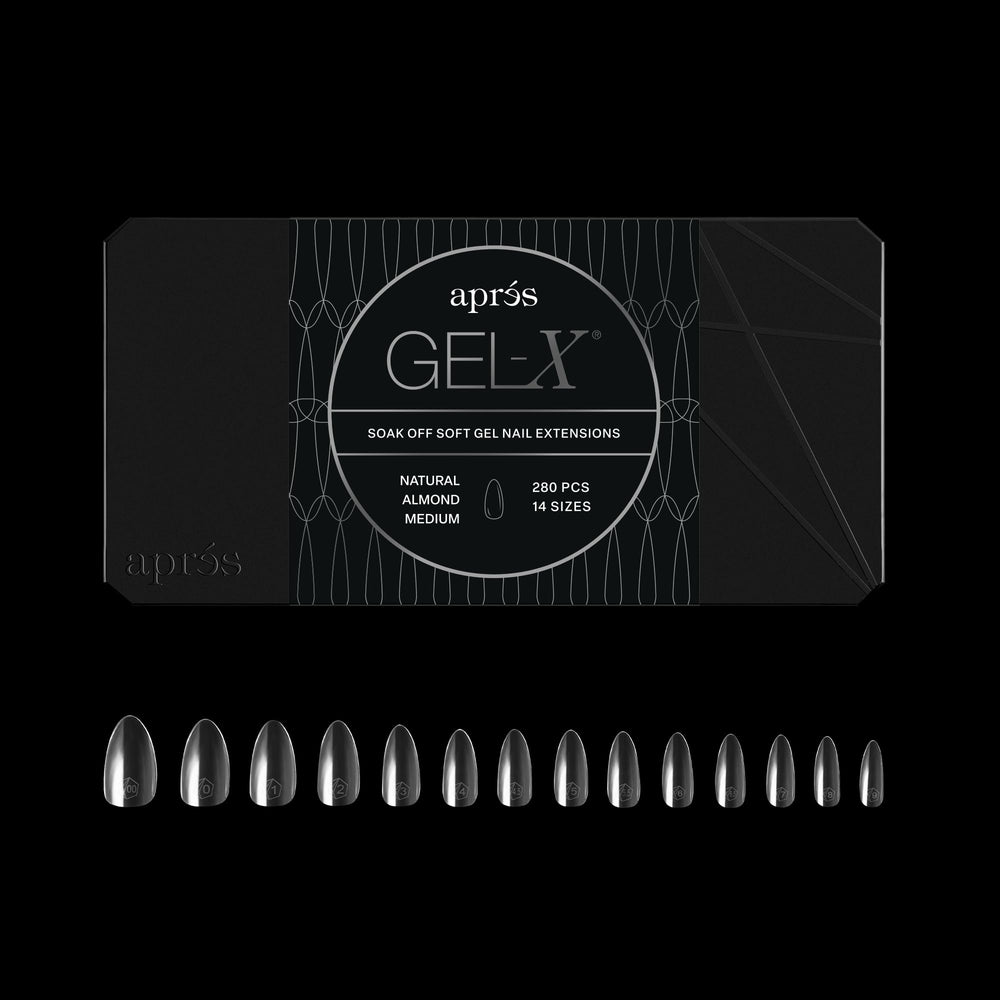 APRÉS Gel-X extenciones almendra en caja con 280 piezas para múltiples tallas.