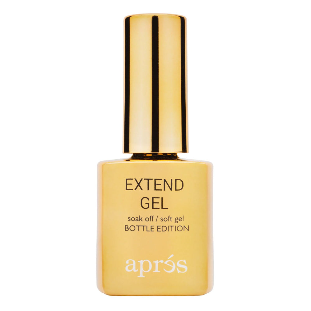 APRÉS Gel Extendido dorado en botella de 15 mL para aplicación rápida.