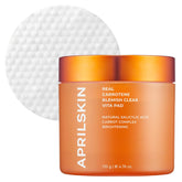 APRILSKIN Carrotene Aclaradoras, empaque frontal, exfoliantes suaves para piel grasa.