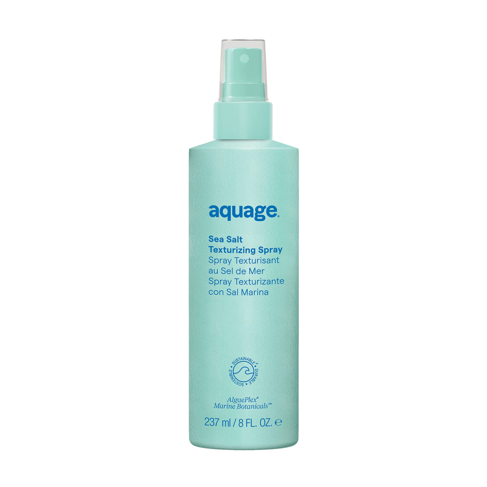 Aquage muestra la botella frontal, ideal para fijación y volumen.