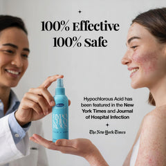 Aplicación en rostro con Aquia spray hipocloroso para frescura y limpieza.