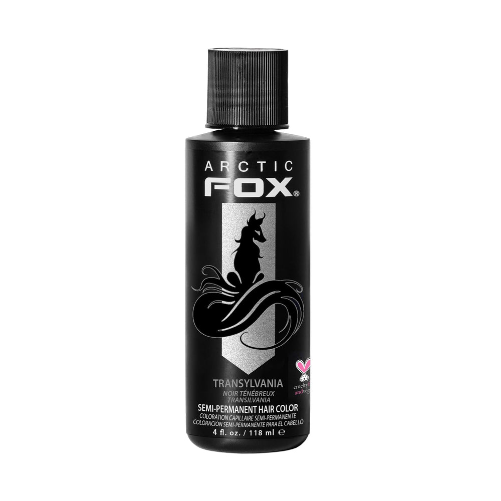 ARCTIC FOX Transylvania, botella coloración: intensidad negra con matiz azulado para cabello vibrante.