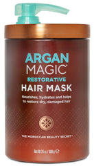 Argan Magic Mascarilla Restauradora, frasco visible, hidratación profunda para cabello dañado.