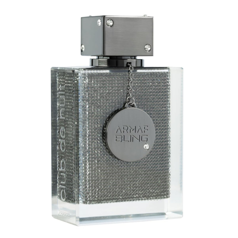 Armaf Club de Nuit Bling frasco detalle muestra acabado lujoso para colección.
