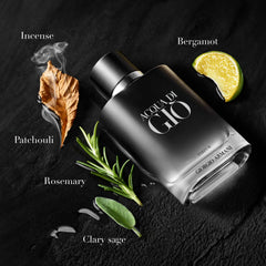 Armani Beauty Acqua di Giò Parfum, detalle etiqueta, notas cítricas que inspiran confianza.