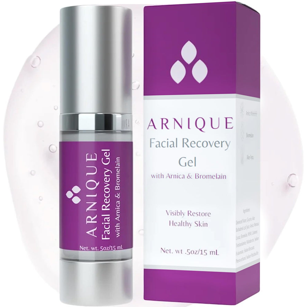 Arnique Arnica Gel para rostro, envase transparente, refresca piel delicada tras tratamientos.