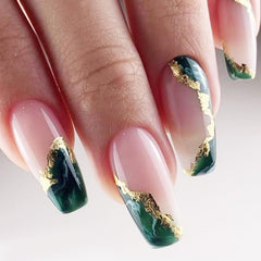 Uñas artificiales AROVFAM verde marble con glitter para un acabado único