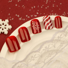 AROVFAM Uñas postizas Navidad rayas caramelo, estilo festivo y fácil aplicación.