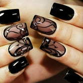 AROVFAM uñas postizas negras con enredadera oscura, brillo duradero para diario