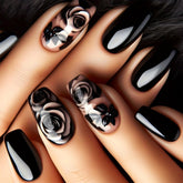 AROVFAM Uñas prensadas con flor rosa en negro brillante, estilo elegante para noche.