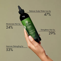 Etiqueta natural de As I Am Rosemary Shampoo destacando ingredientes suaves para cuero cabelludo.