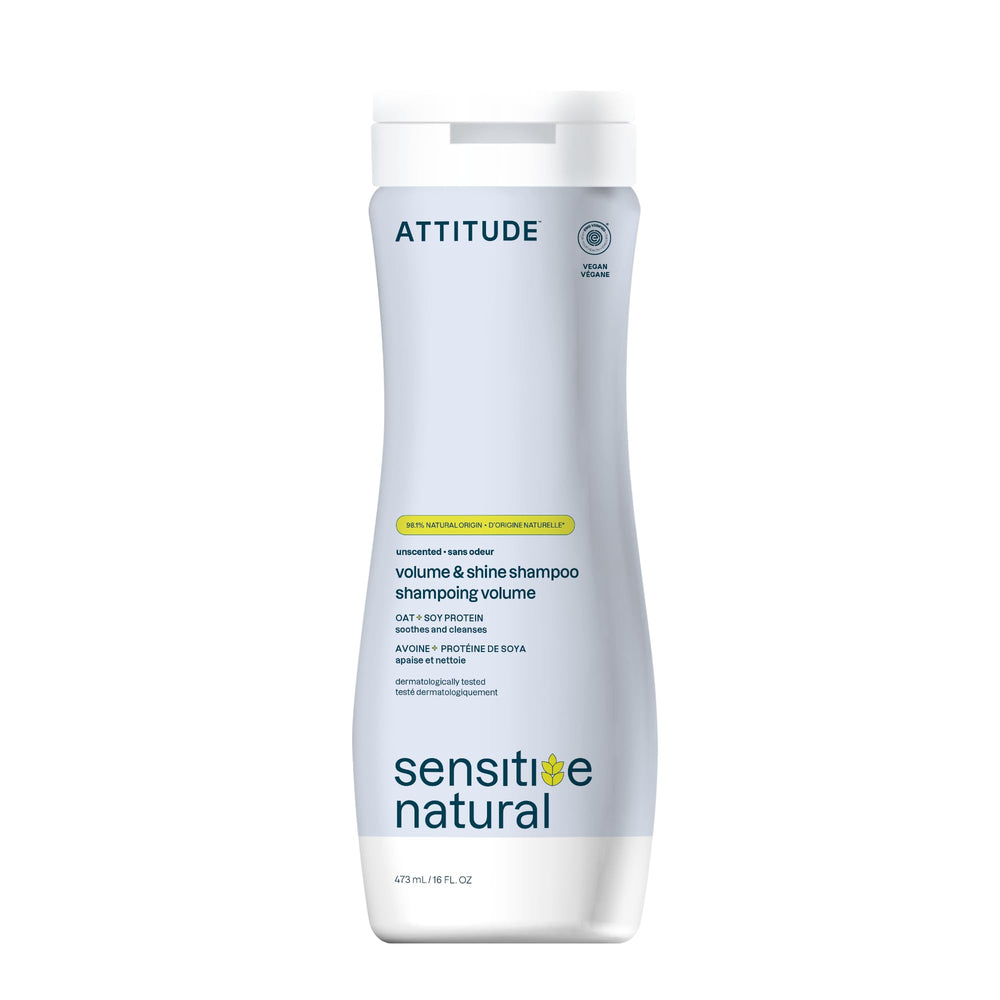 Shampoo ATTITUDE: botella destacada con volumen y brillo para cabello fino.