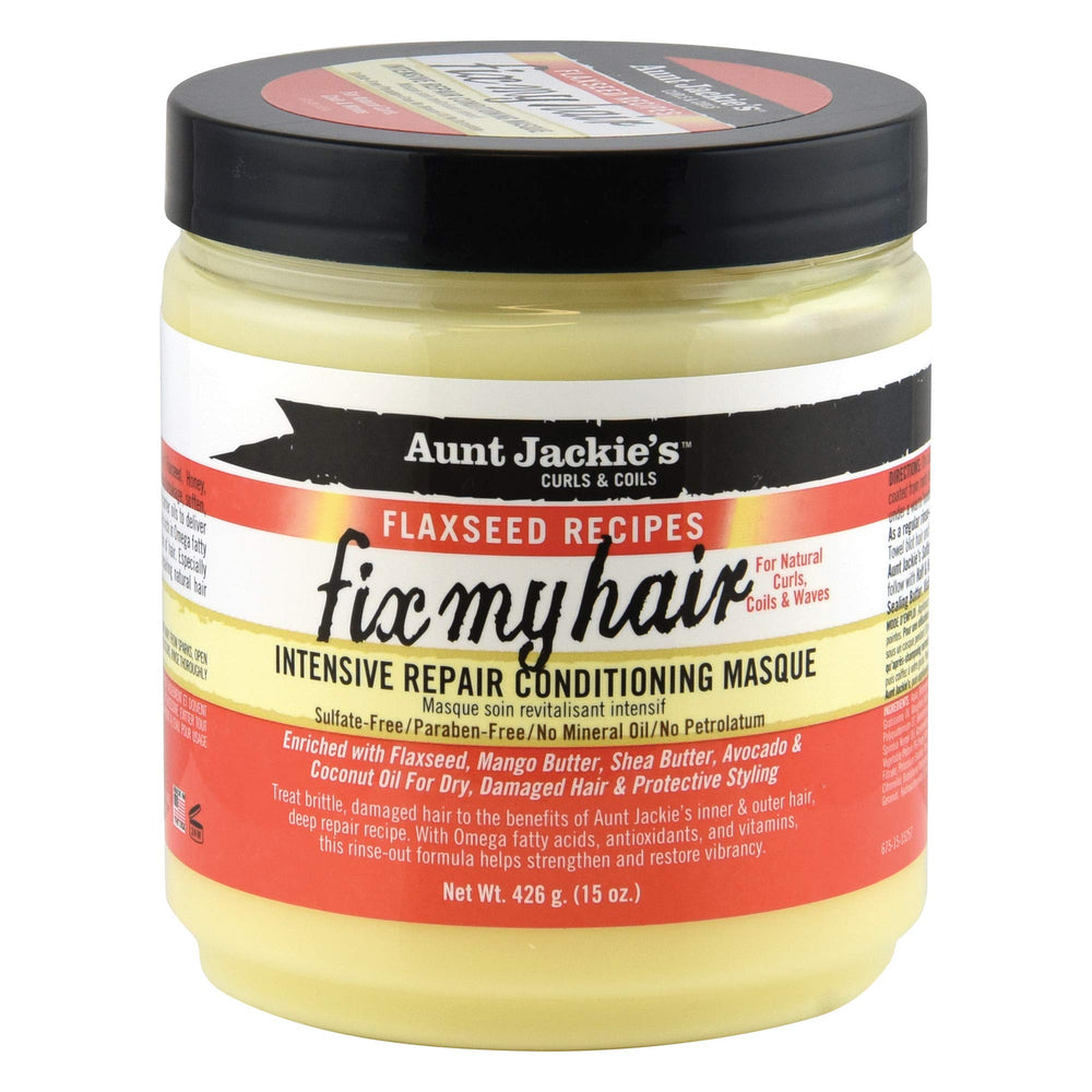 Aunt Jackie's Recetas de Linaza, frasco frontal, muestra el empaque y la textura rica para el cabello.