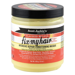 Aunt Jackie's Recetas de Linaza, frasco frontal, muestra el empaque y la textura rica para el cabello.