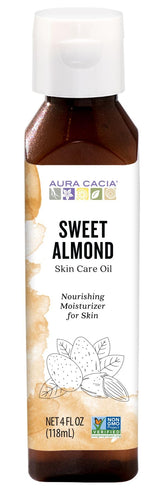 Aura Cacia Aceite de almendra dulce en botella, hidratación suave para la piel.