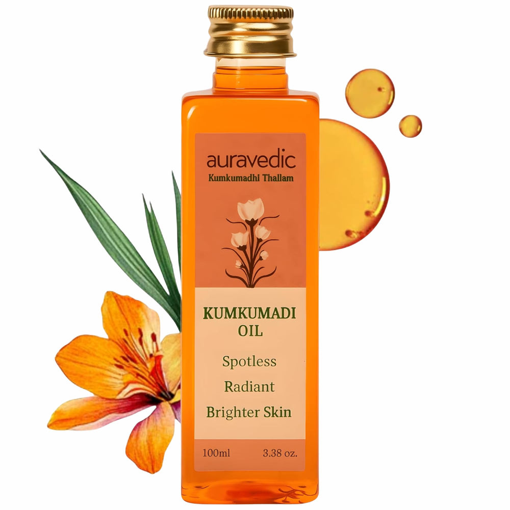 Auravedic Kumkumadi Oil frasco elegante para hidratación suave y brillo natural.