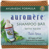 Barra Auromere shampoo, envase cero residuos, ideal para viajes.