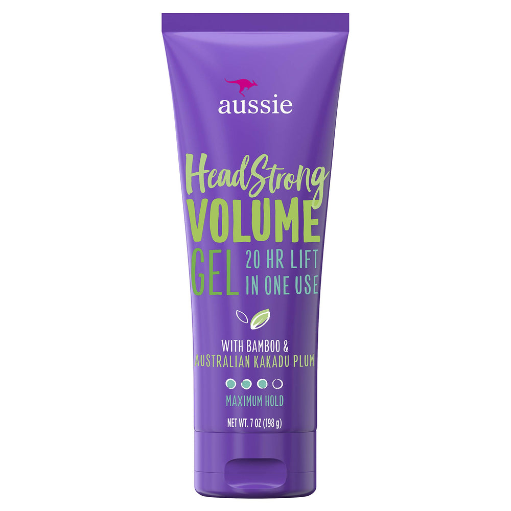 Aussie Headstrong gel 7 onzas, enfoque en la botella para volumen y textura.