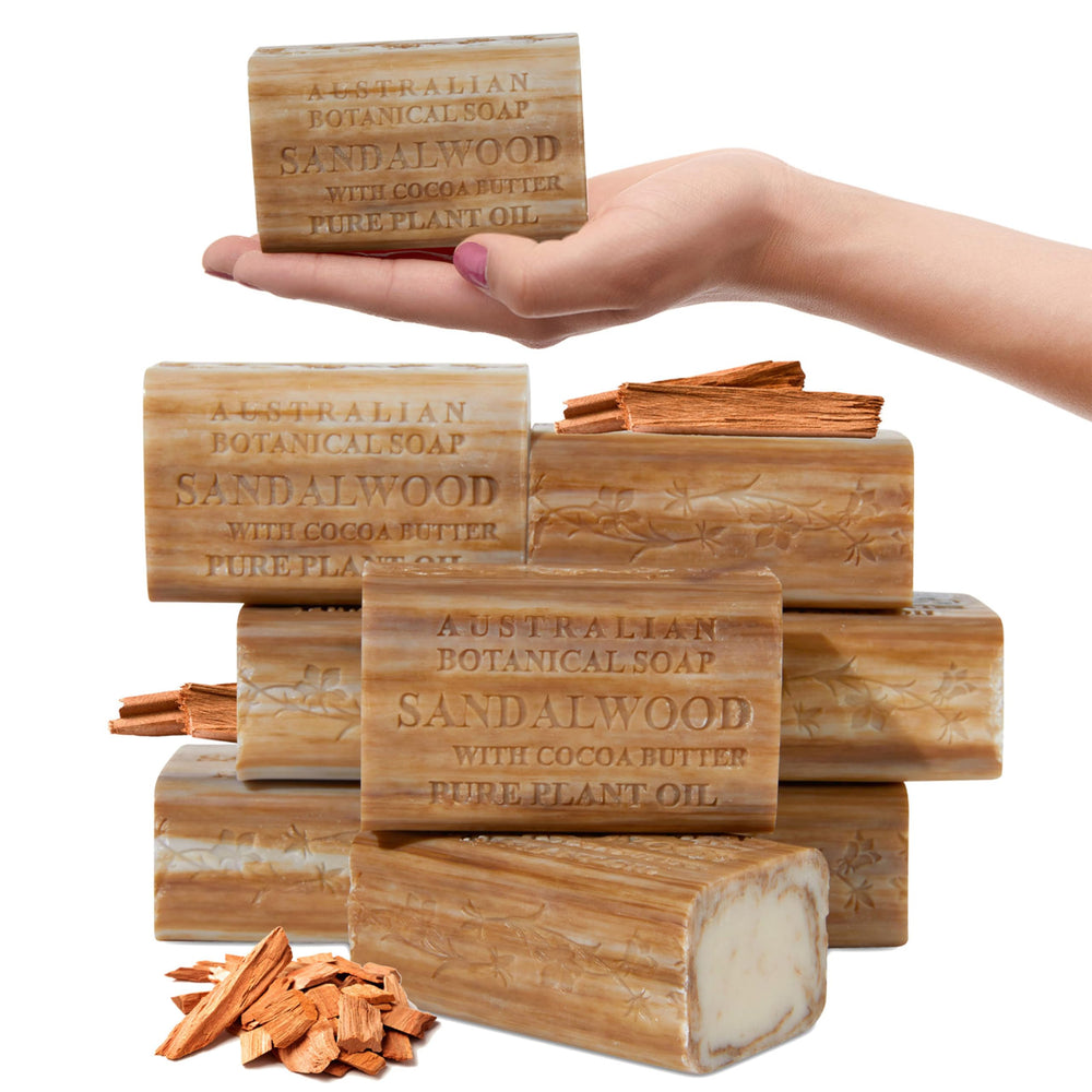 Jabón Australian Botanical Soap, barra sándalo cacao, aroma cálido para piel suave.