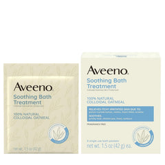 Aveeno baño en tina con agua tibia para piel suave y calmada.