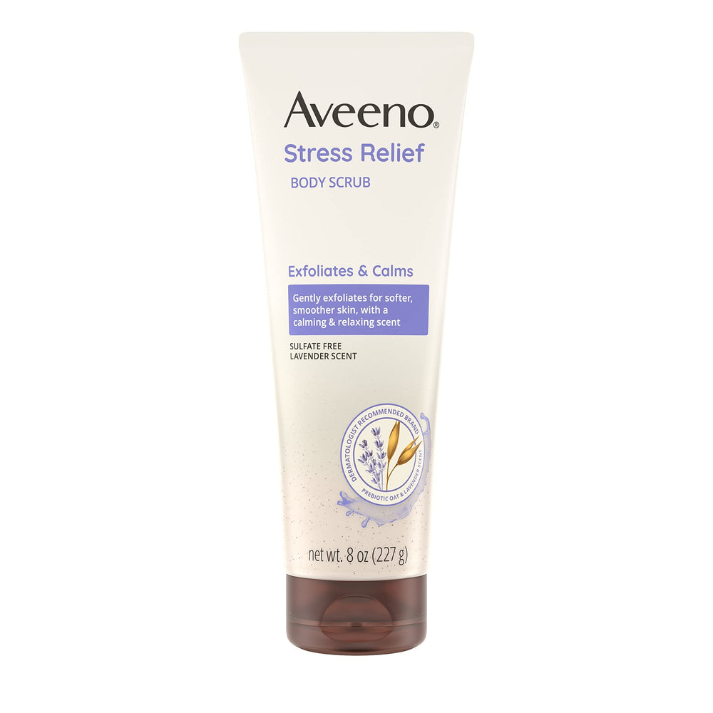 Aveeno Alivio del Estrés exfoliante corporal en botella, sensación calmante durante la ducha.