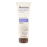 Aveeno Alivio del Estrés exfoliante corporal en botella, sensación calmante durante la ducha.