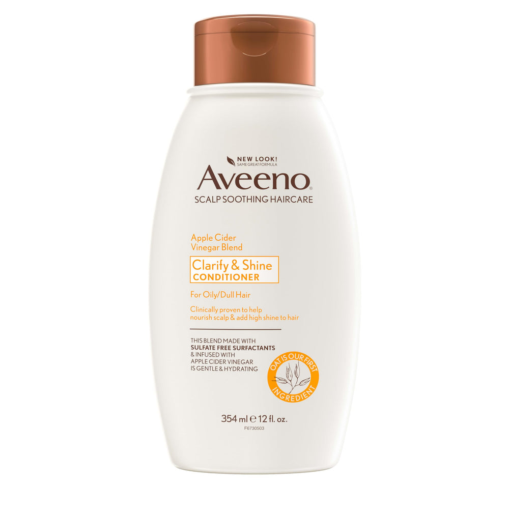 Aveeno Acondicionador Vinagre Manzana, botella visible, brillo y suavidad diario.