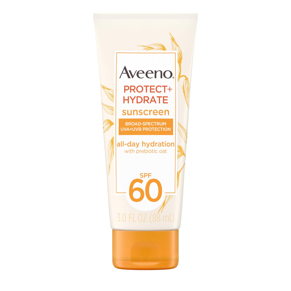 Aveeno Protect + Hydrate loción solar SPF 60 en tubo, protección eficaz e hidratación.