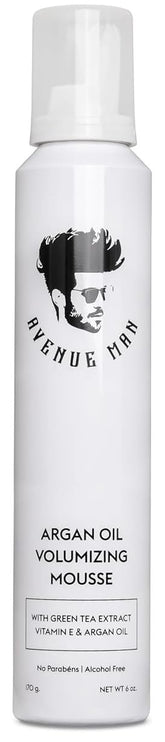 Avenue Man Argan Oil Mousse bottle pour showing easy dispersal for smooth styling