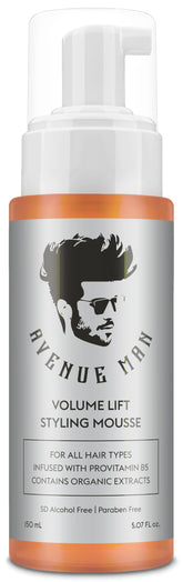 Avenue Man Volume Lift Mousse bottle showing premium, lightweight formula for full-bodied volume.