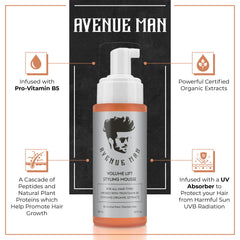 Avenue Man Volume Lift Mousse dispenser mid-use delivering even foam for coverage and hold.