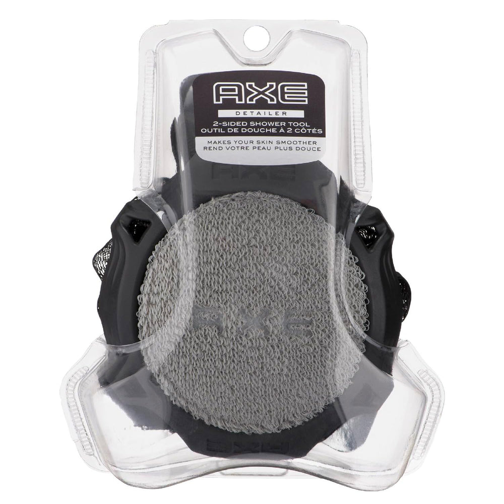 AXE Detallador de ducha de dos caras gris para exfoliar y limpiar con suavidad.