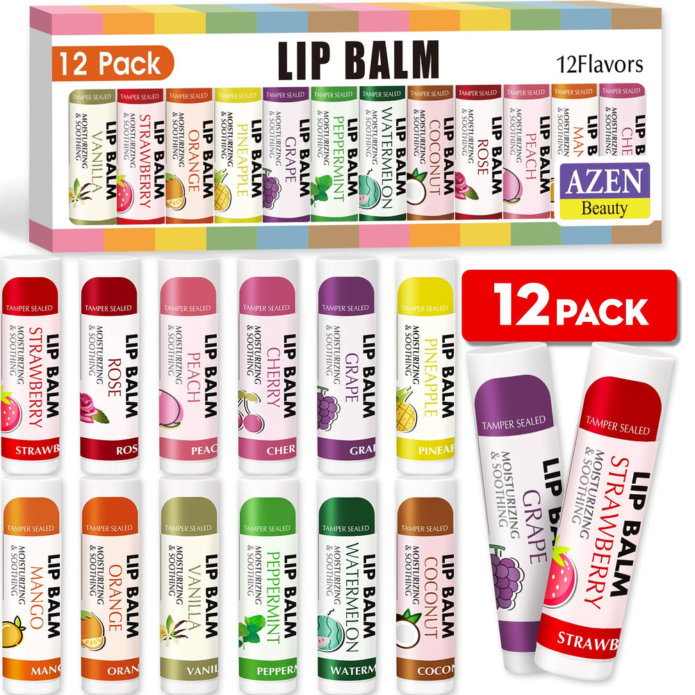 AZEN bálsamo labial 12 sabores en empaque, ideal para exhibiciones y venta al detalle