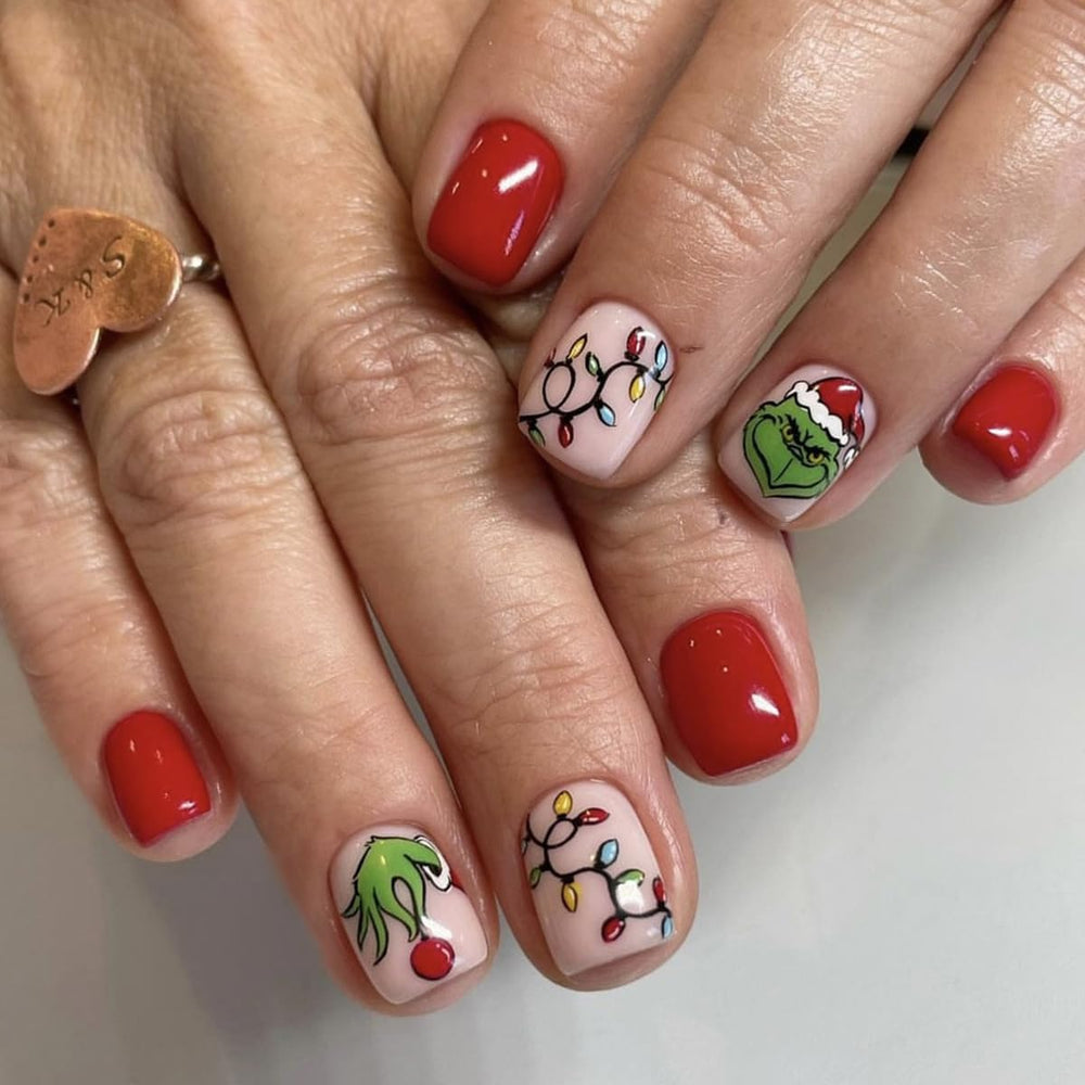 AZTSYT uñas postizas navidad corte cuadrado con diseño Grinch, perfecto para fiestas