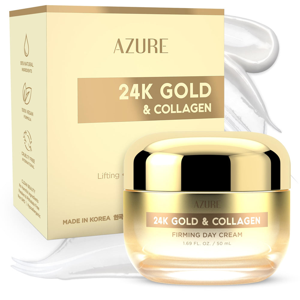Azure crema facial 24K oro y colágeno en envase para firmeza y luminosidad.
